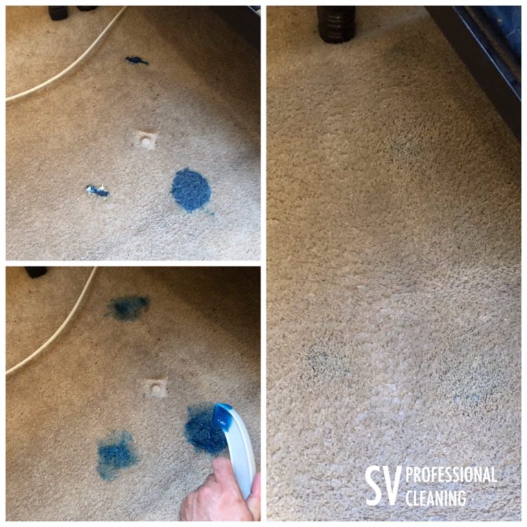 before and after images of cleaning ink stains on carpet